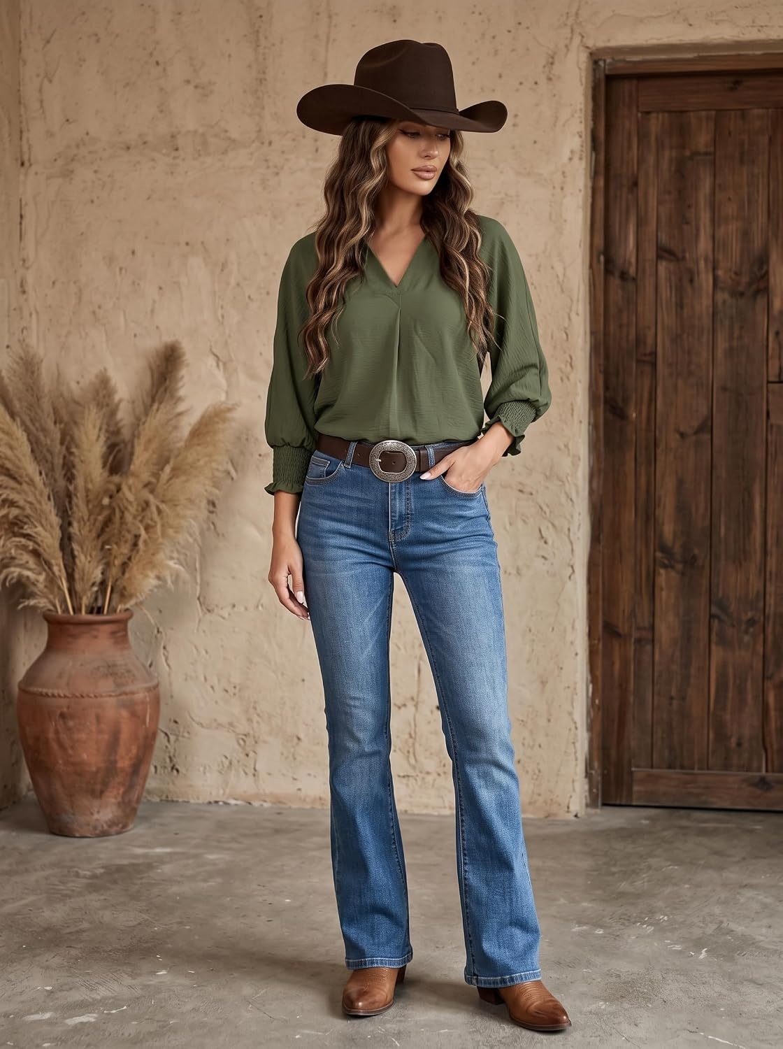 image:imageDokotoo 34 Length Sleeve Womens Tops Dressy Blouses Collared ShirtsJungle Green