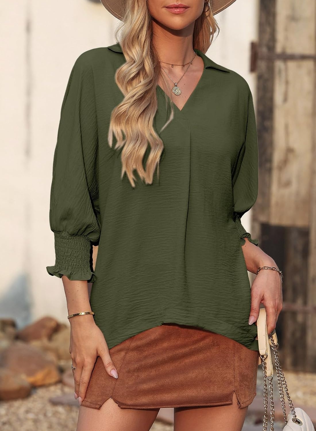 image:imageDokotoo 34 Length Sleeve Womens Tops Dressy Blouses Collared ShirtsJungle Green