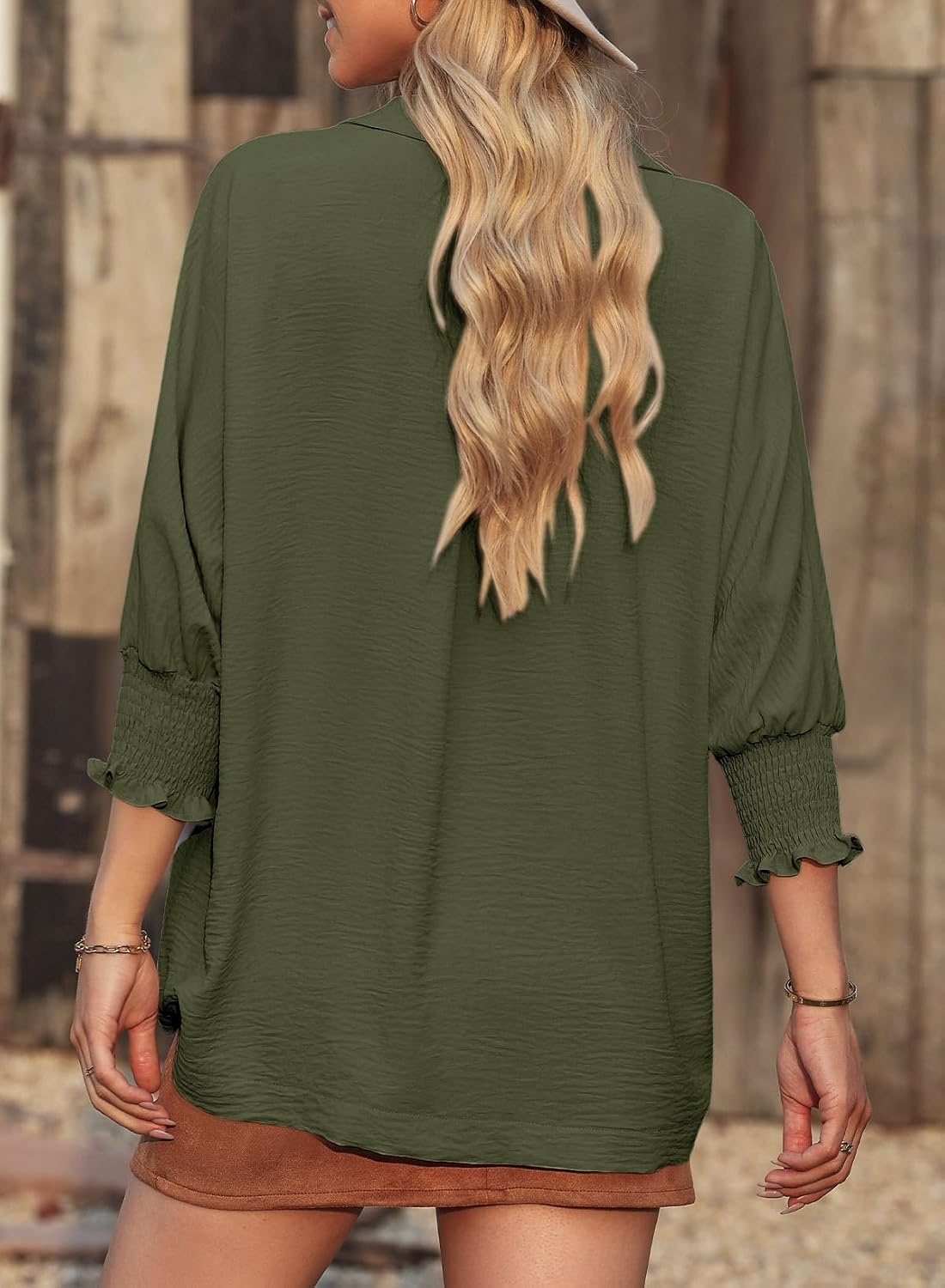 image:imageDokotoo 34 Length Sleeve Womens Tops Dressy Blouses Collared ShirtsJungle Green