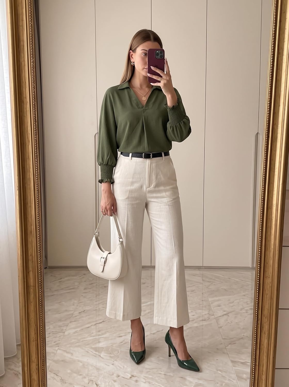 image:imageDokotoo 34 Length Sleeve Womens Tops Dressy Blouses Collared ShirtsJungle Green