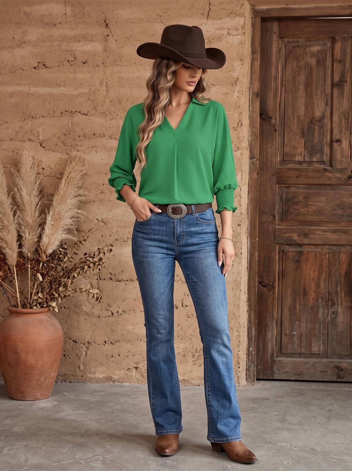 image:imageDokotoo 34 Length Sleeve Womens Tops Dressy Blouses Collared ShirtsKelly Green
