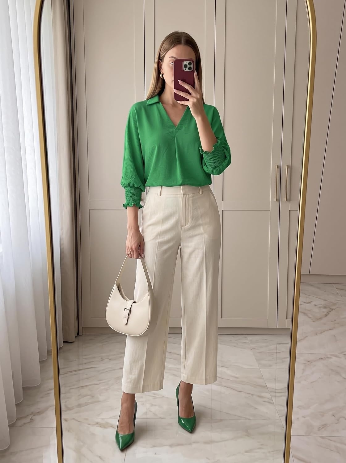 image:imageDokotoo 34 Length Sleeve Womens Tops Dressy Blouses Collared ShirtsKelly Green