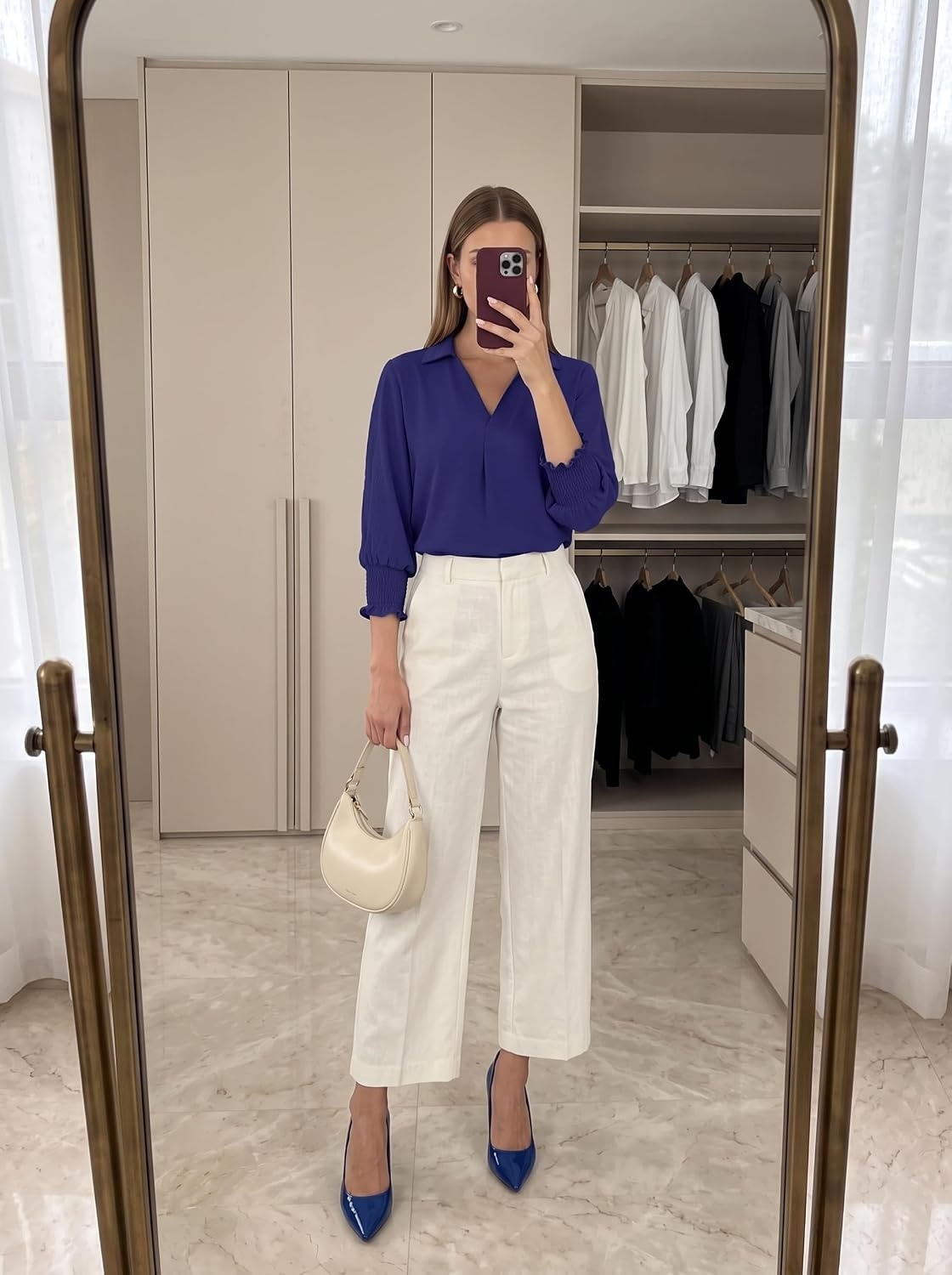 image:imageDokotoo 34 Length Sleeve Womens Tops Dressy Blouses Collared ShirtsNavy Blue