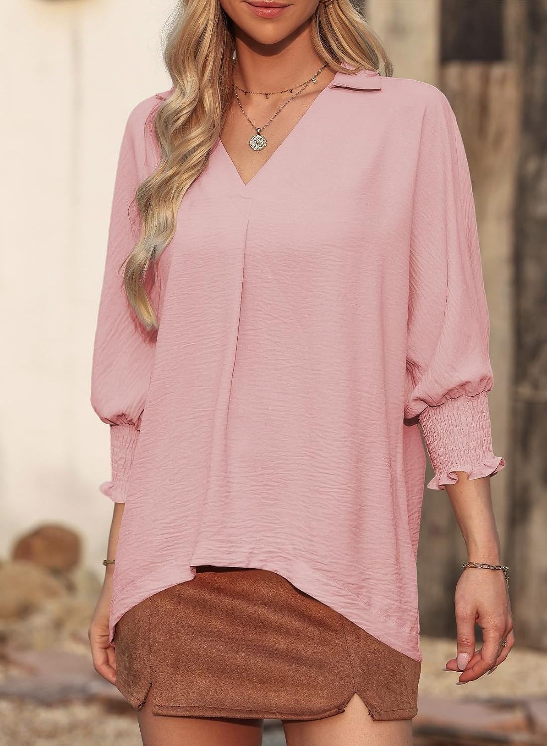 image:imageDokotoo 34 Length Sleeve Womens Tops Dressy Blouses Collared ShirtsPink