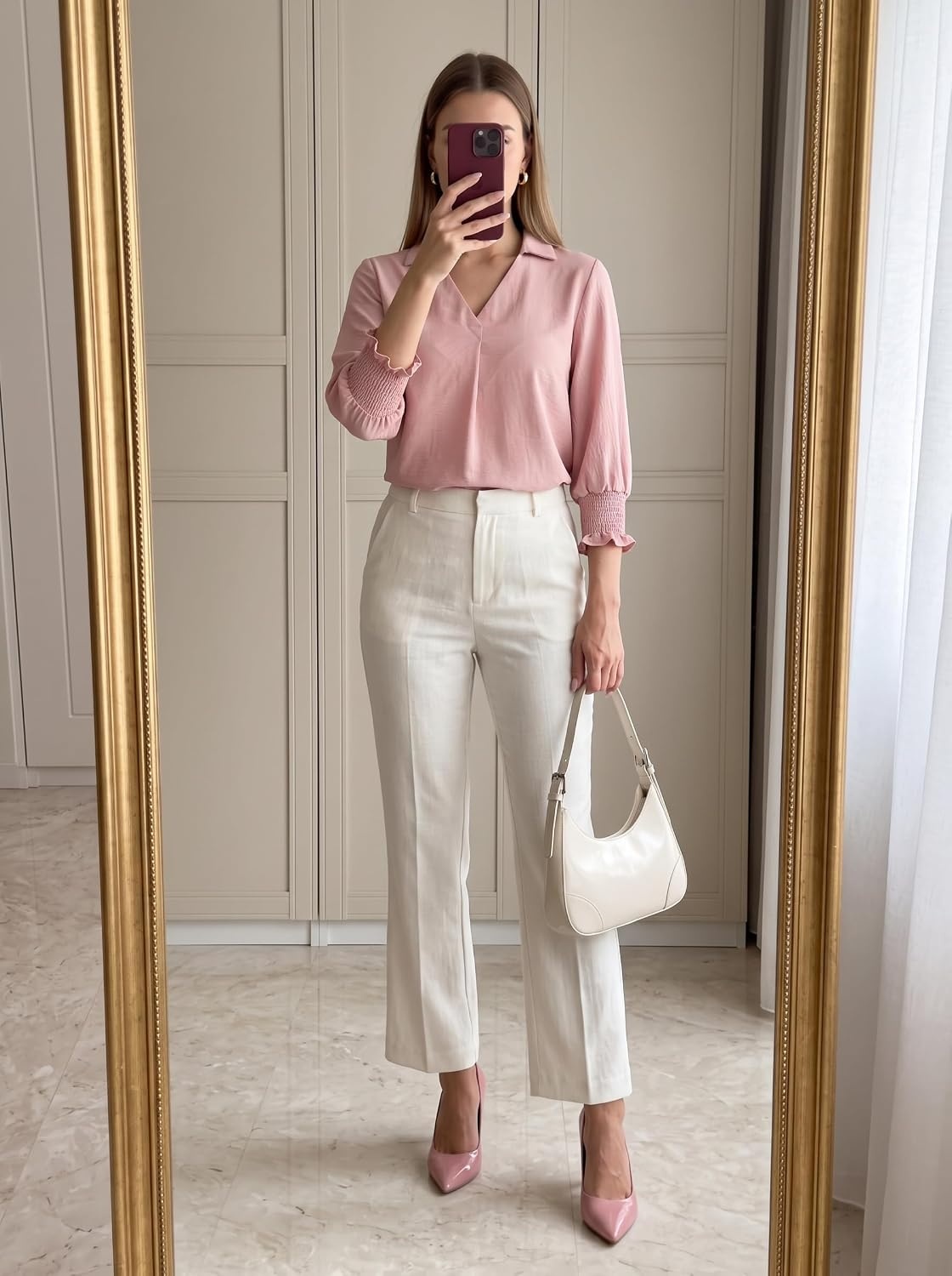 image:imageDokotoo 34 Length Sleeve Womens Tops Dressy Blouses Collared ShirtsPink