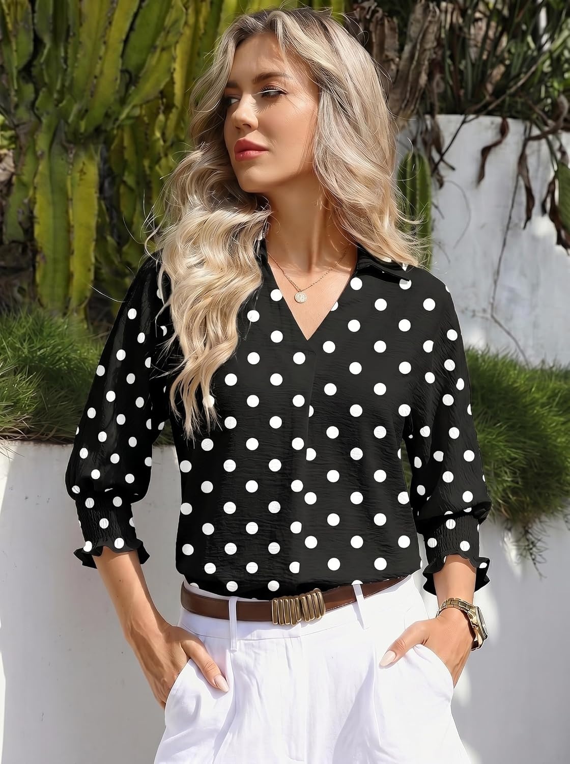 image:imageDokotoo 34 Length Sleeve Womens Tops Dressy Blouses Collared ShirtsPolka Dot Black