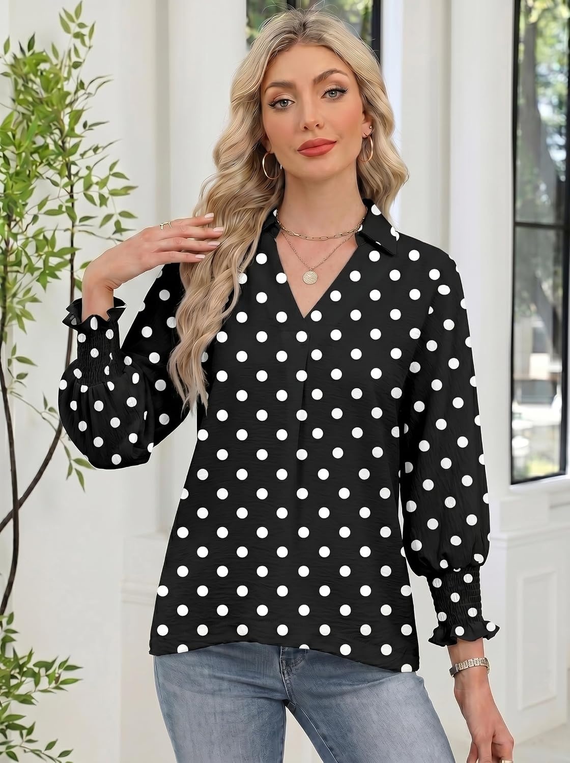 image:imageDokotoo 34 Length Sleeve Womens Tops Dressy Blouses Collared ShirtsPolka Dot Black