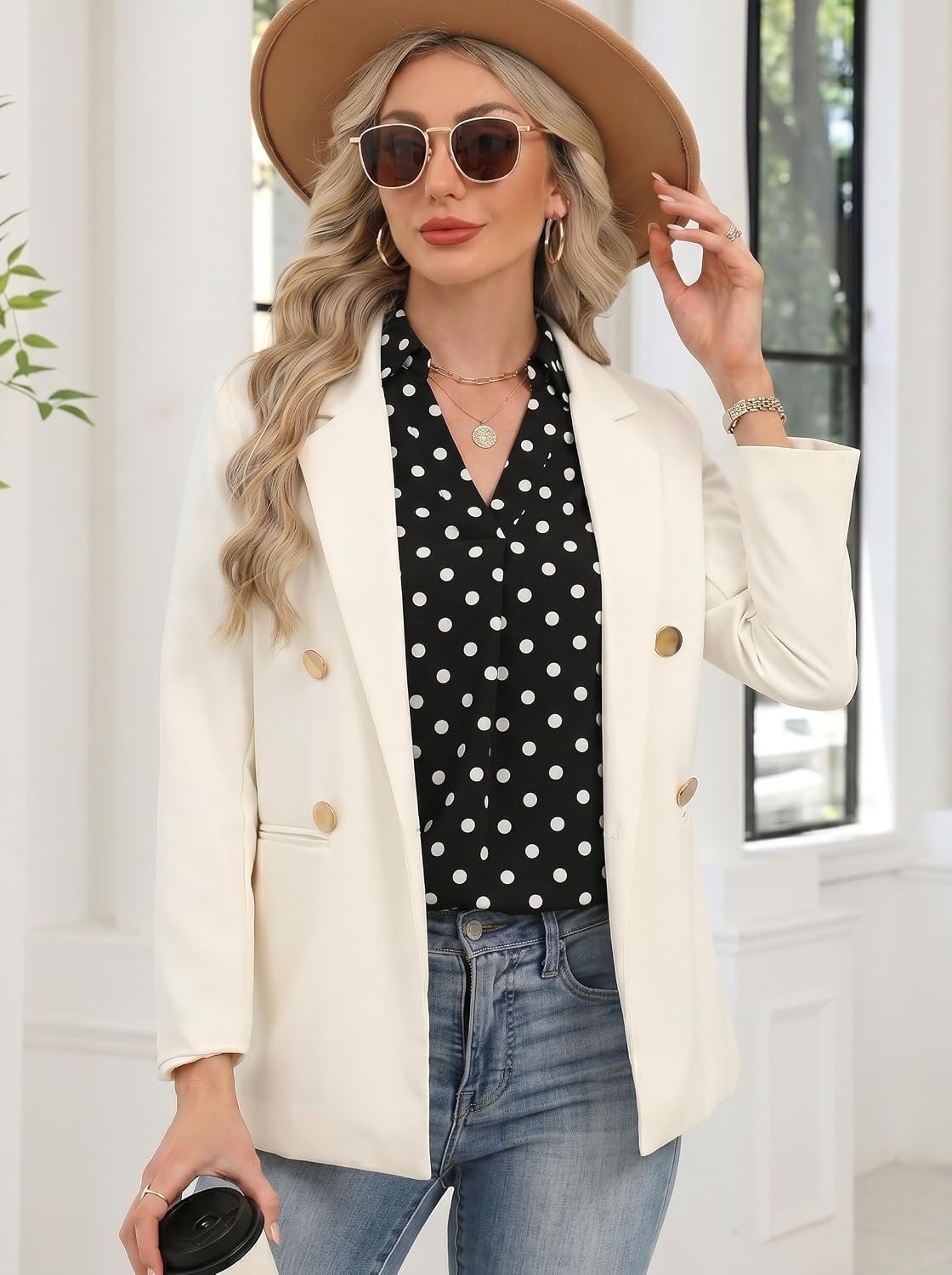 image:imageDokotoo 34 Length Sleeve Womens Tops Dressy Blouses Collared ShirtsPolka Dot Black