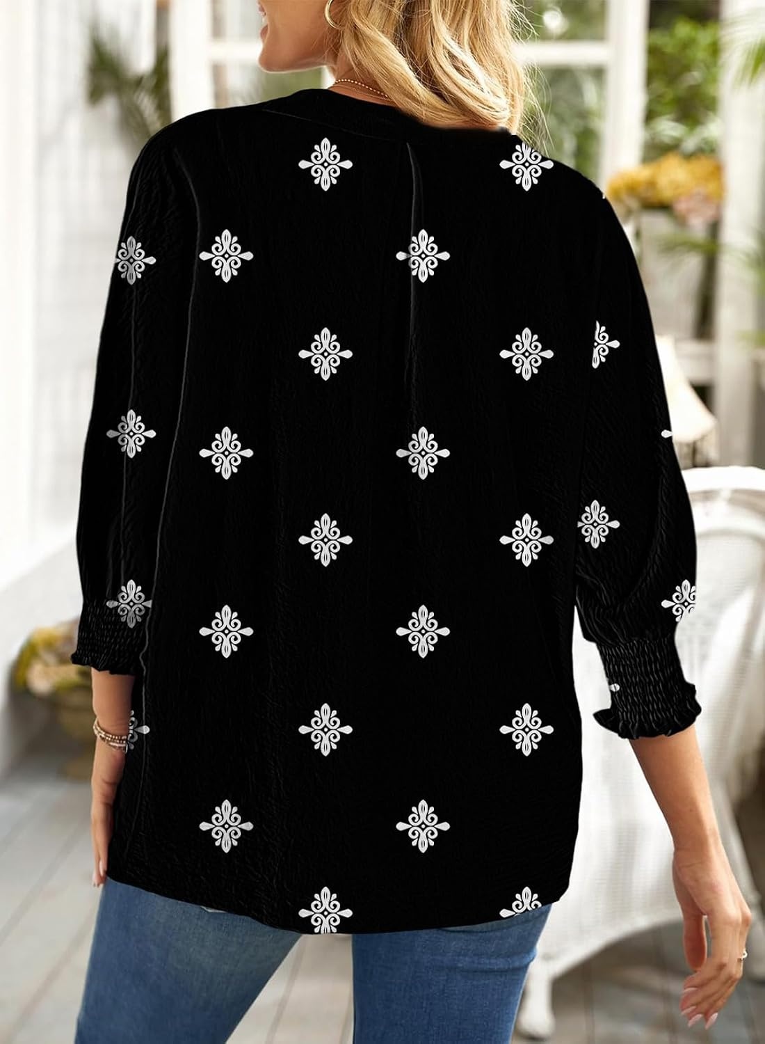 image:imageDokotoo 34 Length Sleeve Womens Tops Dressy Blouses Collared ShirtsPrinted Black