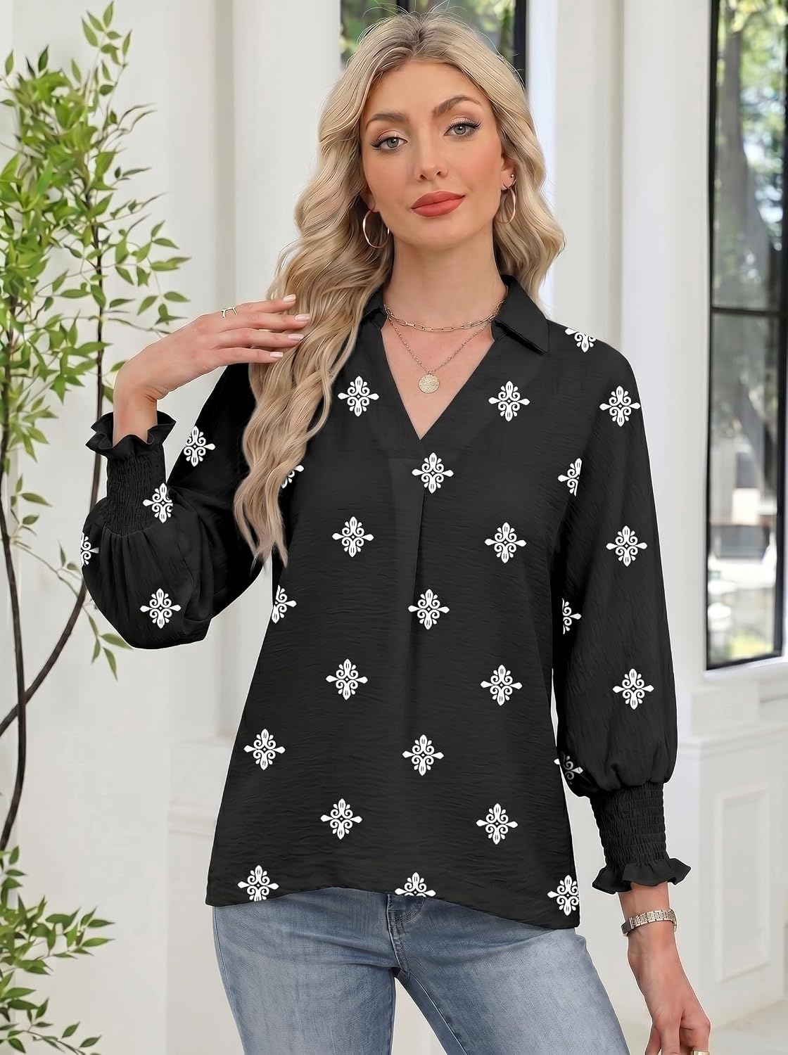 image:imageDokotoo 34 Length Sleeve Womens Tops Dressy Blouses Collared ShirtsPrinted Black