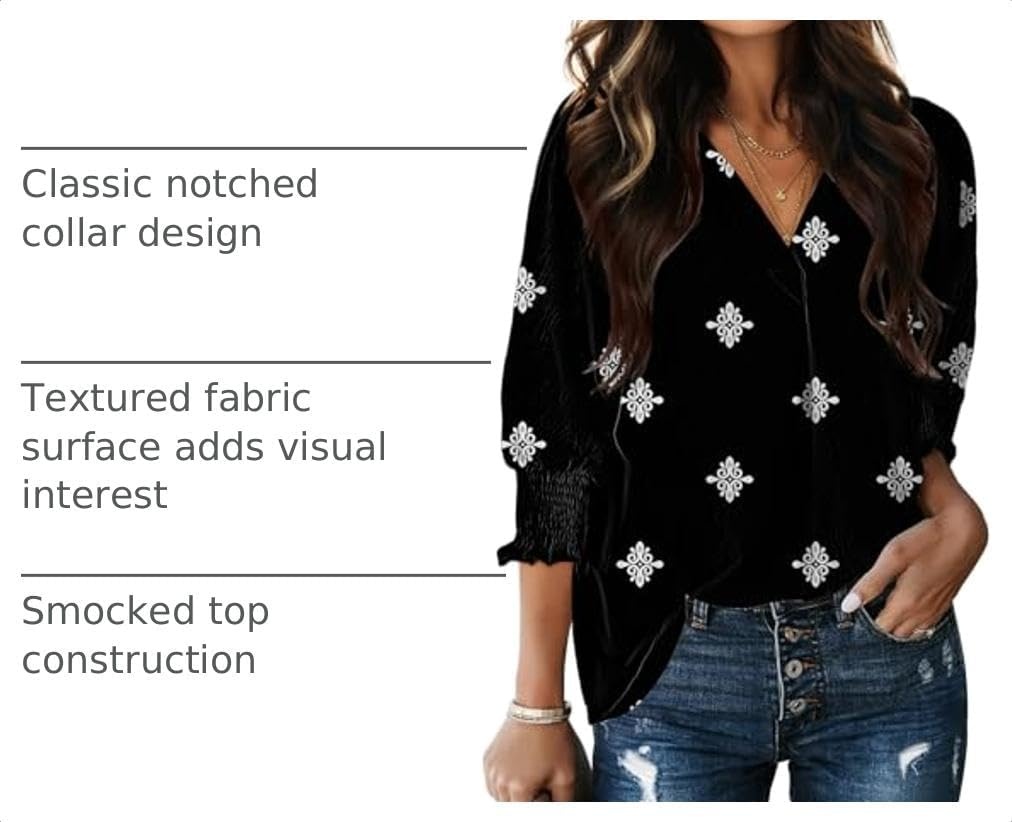 image:imageDokotoo 34 Length Sleeve Womens Tops Dressy Blouses Collared ShirtsPrinted Black