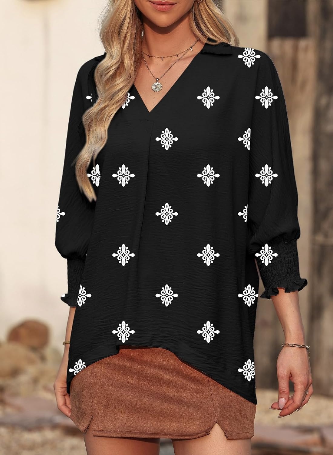 image:imageDokotoo 34 Length Sleeve Womens Tops Dressy Blouses Collared ShirtsPrinted Black