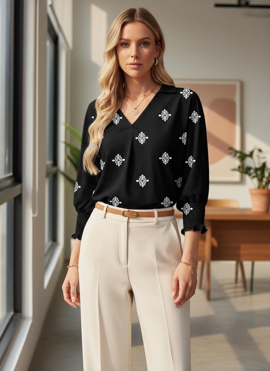 image:imageDokotoo 34 Length Sleeve Womens Tops Dressy Blouses Collared ShirtsPrinted Black