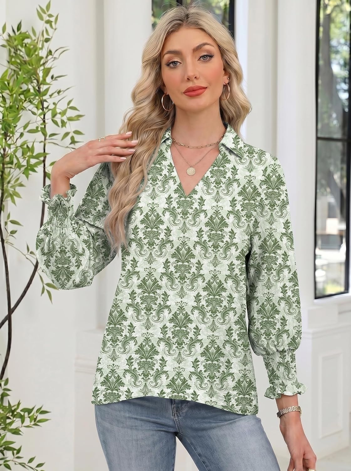 image:imageDokotoo 34 Length Sleeve Womens Tops Dressy Blouses Collared ShirtsPrinted Green