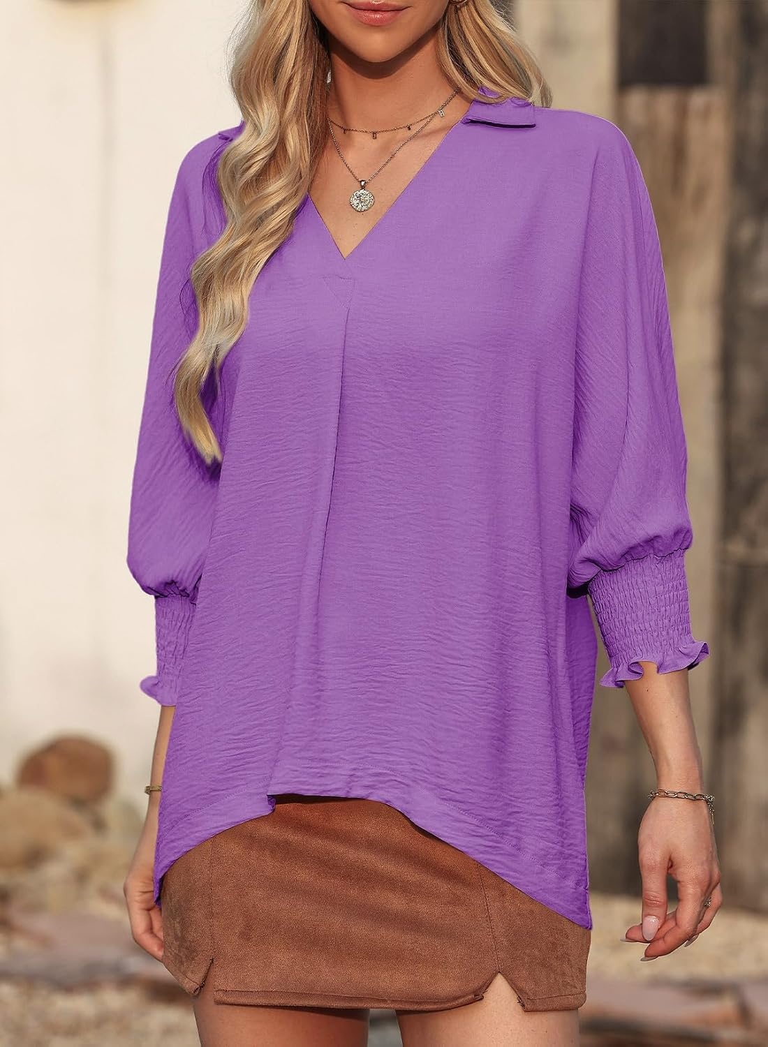 image:imageDokotoo 34 Length Sleeve Womens Tops Dressy Blouses Collared ShirtsPurple