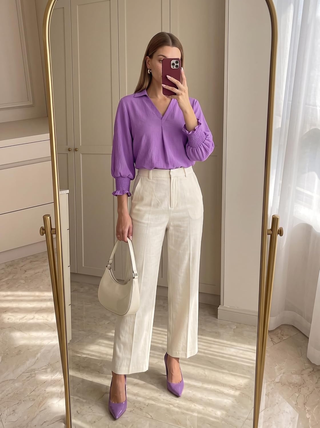 image:imageDokotoo 34 Length Sleeve Womens Tops Dressy Blouses Collared ShirtsPurple