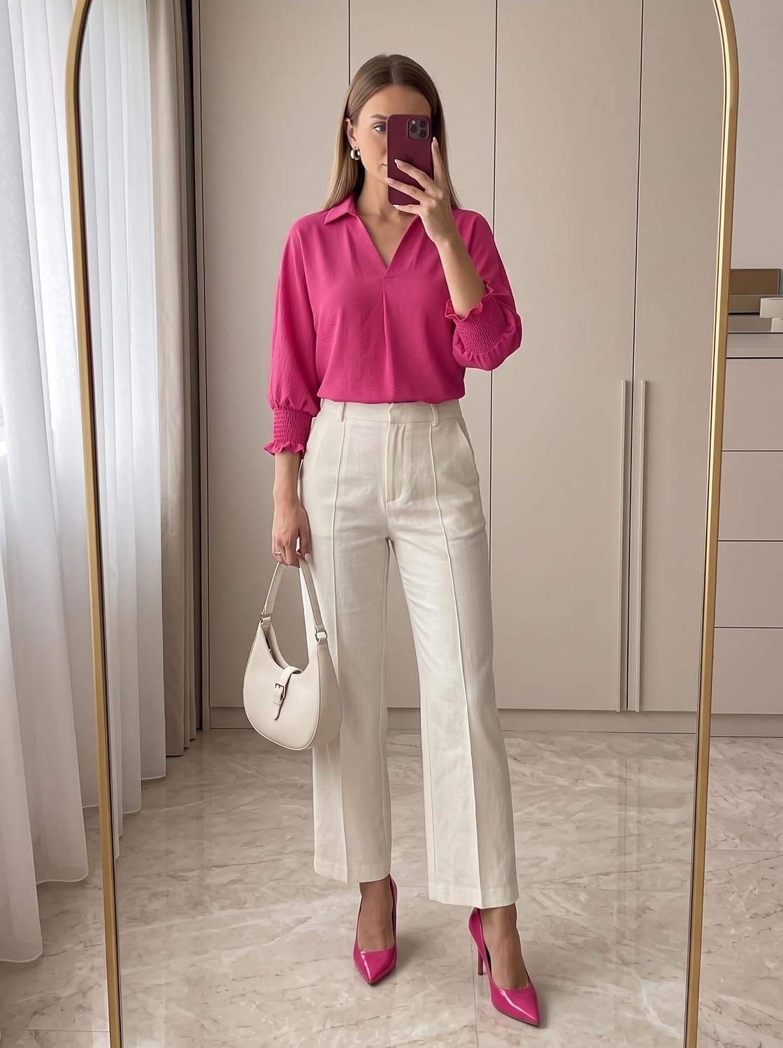 image:imageDokotoo 34 Length Sleeve Womens Tops Dressy Blouses Collared ShirtsRose