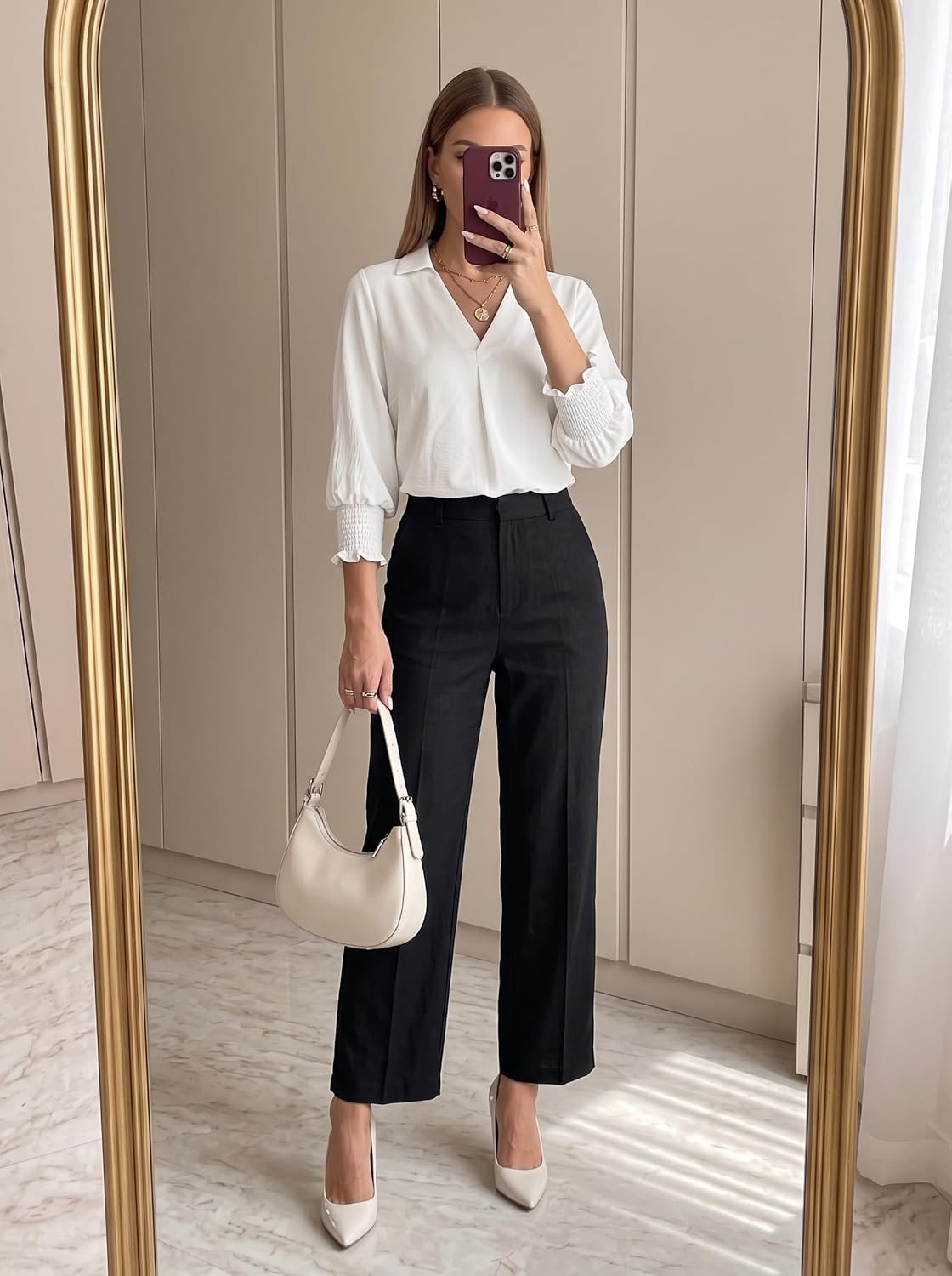 image:imageDokotoo 34 Length Sleeve Womens Tops Dressy Blouses Collared ShirtsWhite