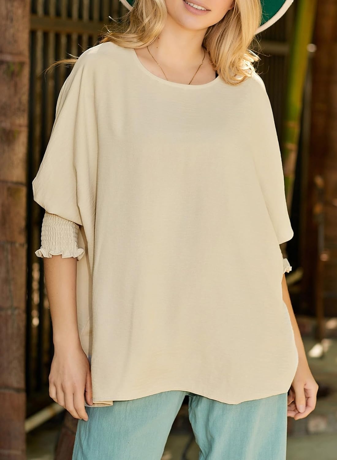 image:imageDokotoo 34 Length Sleeve Womens Tops Dressy Casual Blouses Boat Neck Batwing Babydoll TopA Apricot