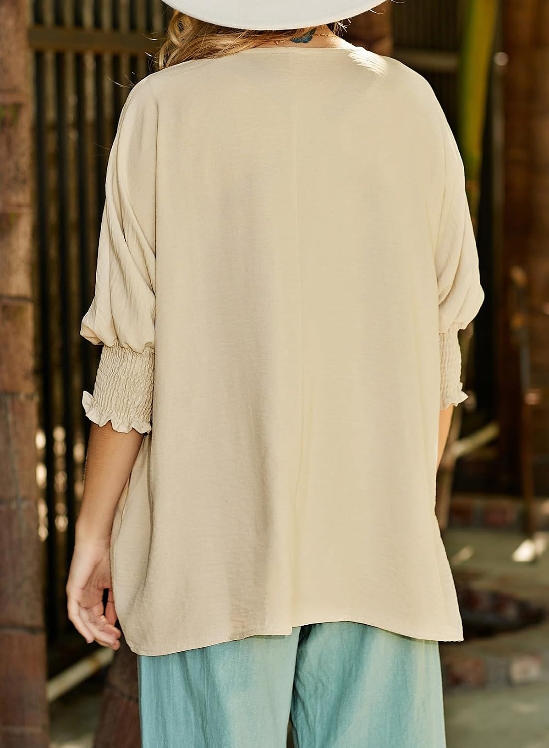 image:imageDokotoo 34 Length Sleeve Womens Tops Dressy Casual Blouses Boat Neck Batwing Babydoll TopA Apricot