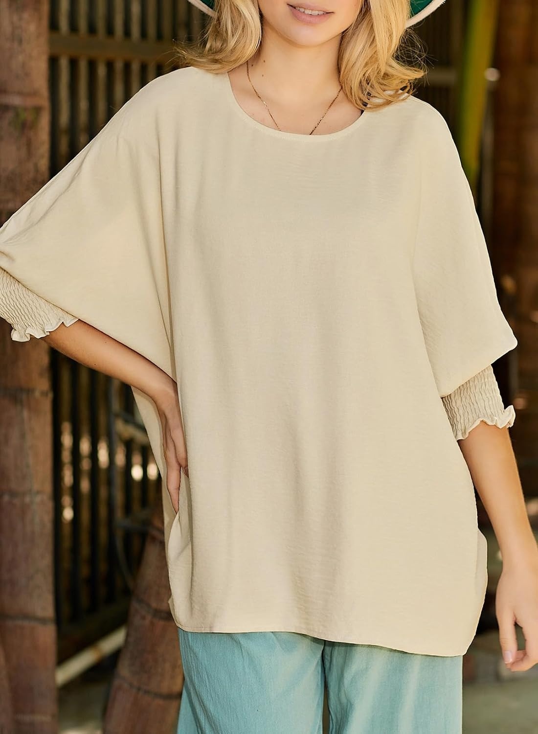 image:imageDokotoo 34 Length Sleeve Womens Tops Dressy Casual Blouses Boat Neck Batwing Babydoll TopA Apricot