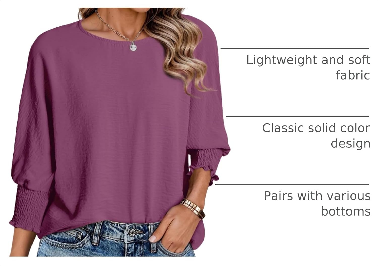 image:imageDokotoo 34 Length Sleeve Womens Tops Dressy Casual Blouses Boat Neck Batwing Babydoll TopA Dark Purple
