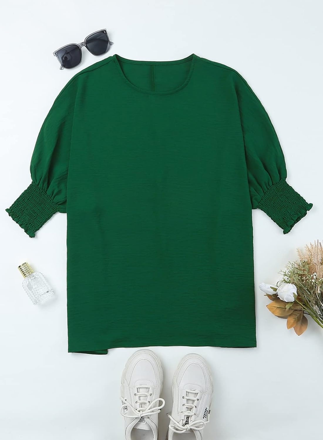 image:imageDokotoo 34 Length Sleeve Womens Tops Dressy Casual Blouses Boat Neck Batwing Babydoll TopA Green