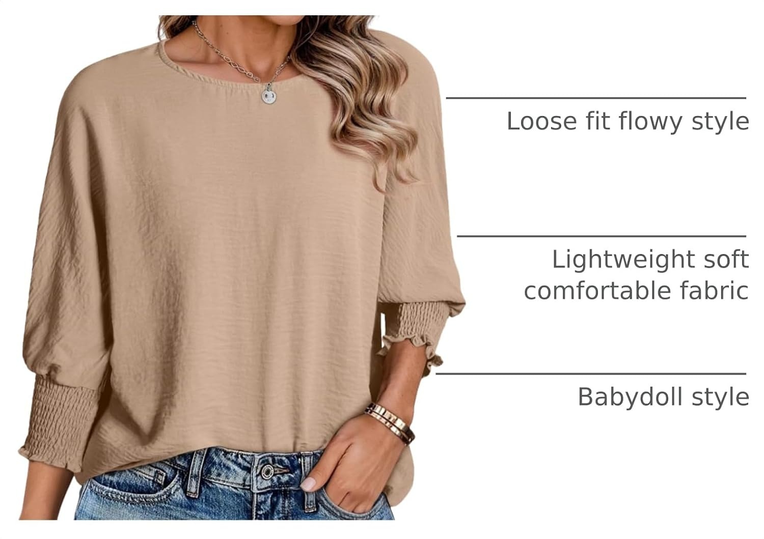 image:imageDokotoo 34 Length Sleeve Womens Tops Dressy Casual Blouses Boat Neck Batwing Babydoll TopA Khaki