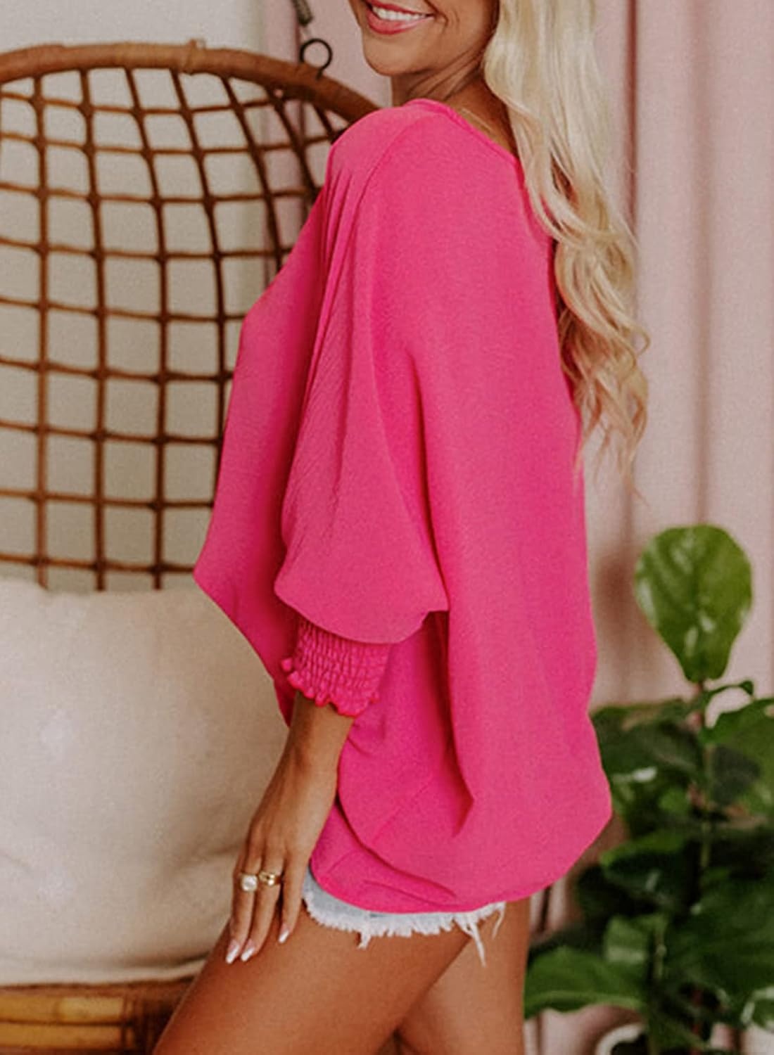 image:imageDokotoo 34 Length Sleeve Womens Tops Dressy Casual Blouses Boat Neck Batwing Babydoll TopA Rose