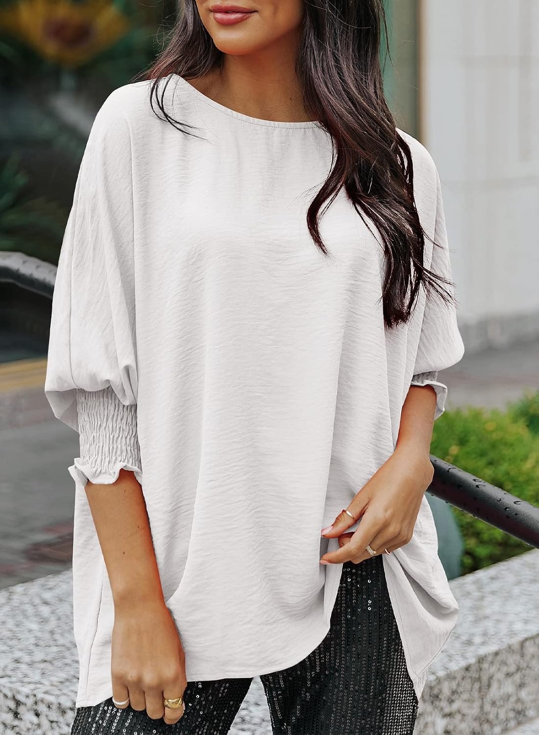 image:imageDokotoo 34 Length Sleeve Womens Tops Dressy Casual Blouses Boat Neck Batwing Babydoll TopA White