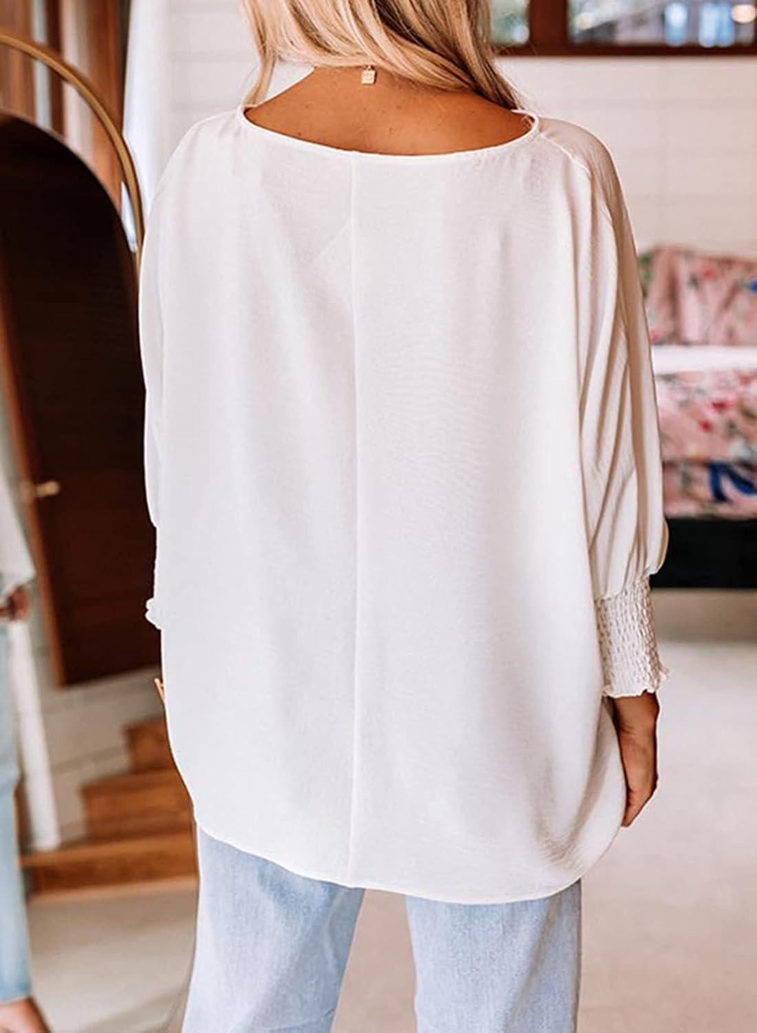 image:imageDokotoo 34 Length Sleeve Womens Tops Dressy Casual Blouses Boat Neck Batwing Babydoll TopA White
