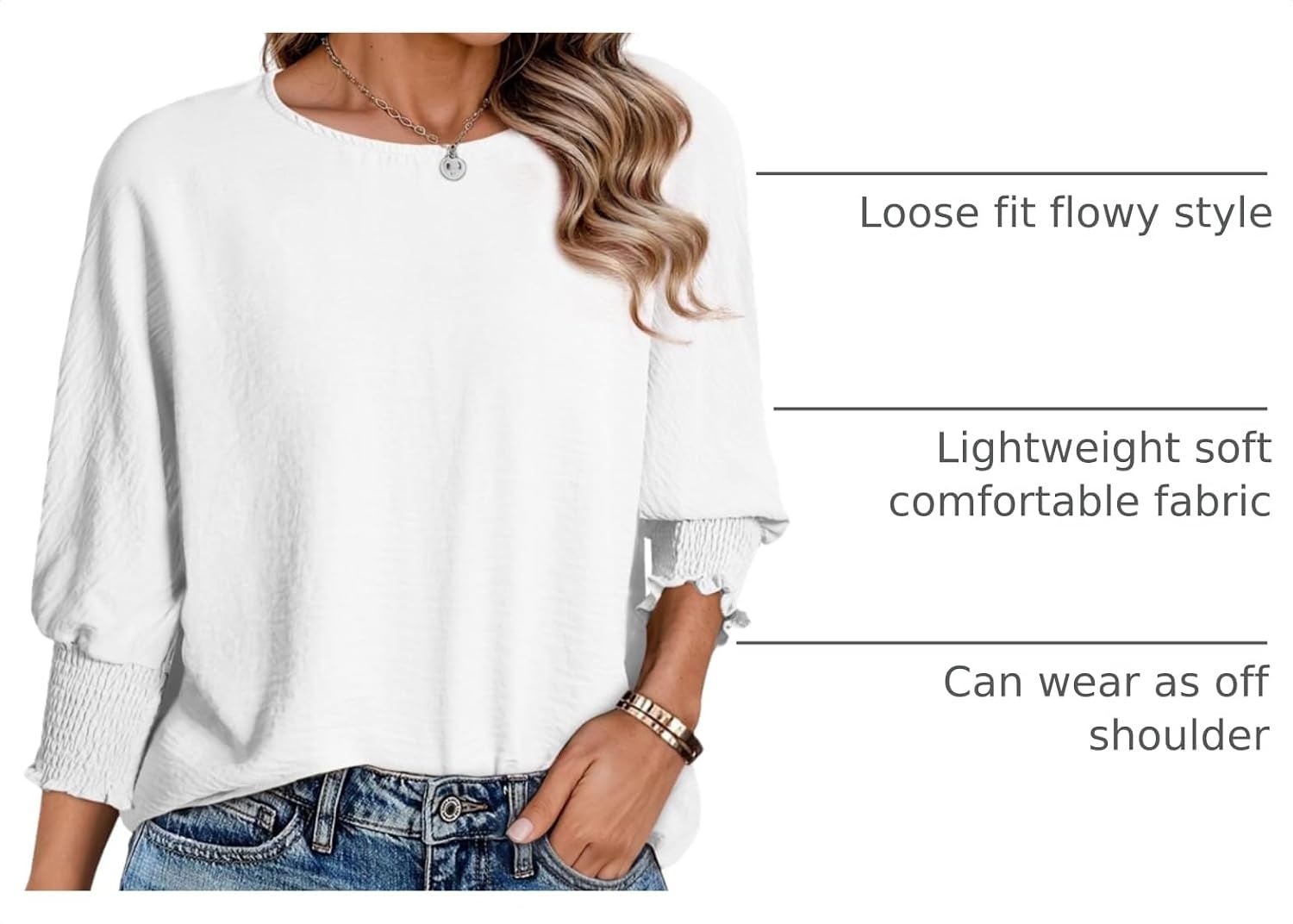 image:imageDokotoo 34 Length Sleeve Womens Tops Dressy Casual Blouses Boat Neck Batwing Babydoll TopA White