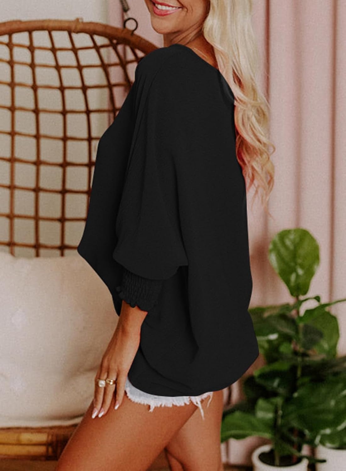 image:imageDokotoo Blouses for Women Dressy Casual Boat Neck 34 Length Sleeve Womens Tops Loose Fit Spring Summer Babydoll Boho Flowy Batwing Top Plus Size Tops Beach Vacation Clothes Black M