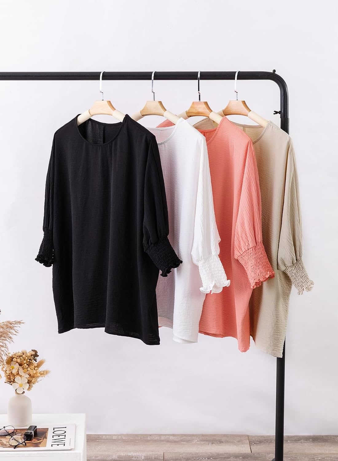 image:imageDokotoo Blouses for Women Dressy Casual Boat Neck 34 Length Sleeve Womens Tops Loose Fit Spring Summer Babydoll Boho Flowy Batwing Top Plus Size Tops Beach Vacation Clothes Black M