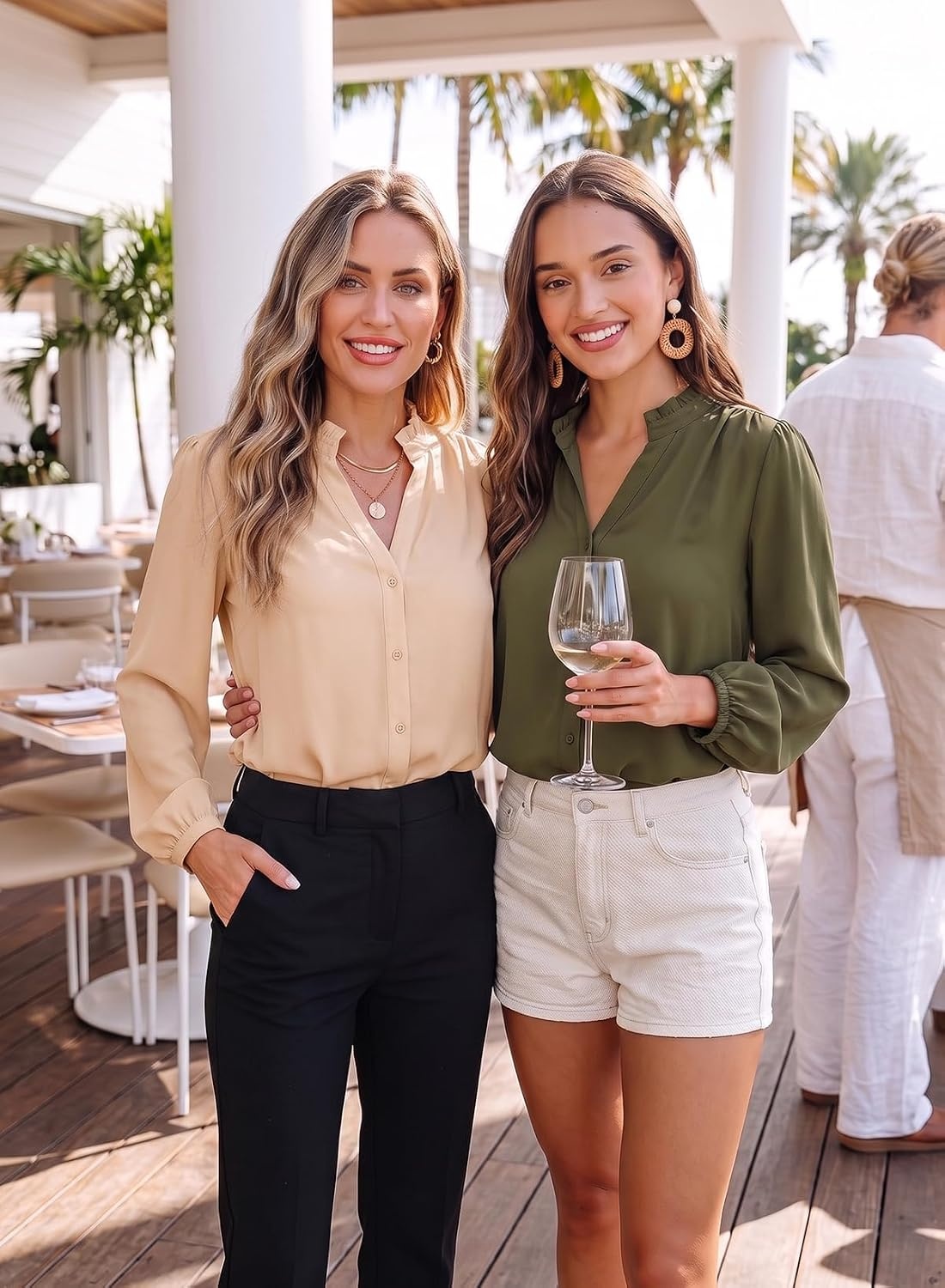 image:imageDokotoo Blouses for Women Dressy Casual V Neck Button Down ShirtsApricot