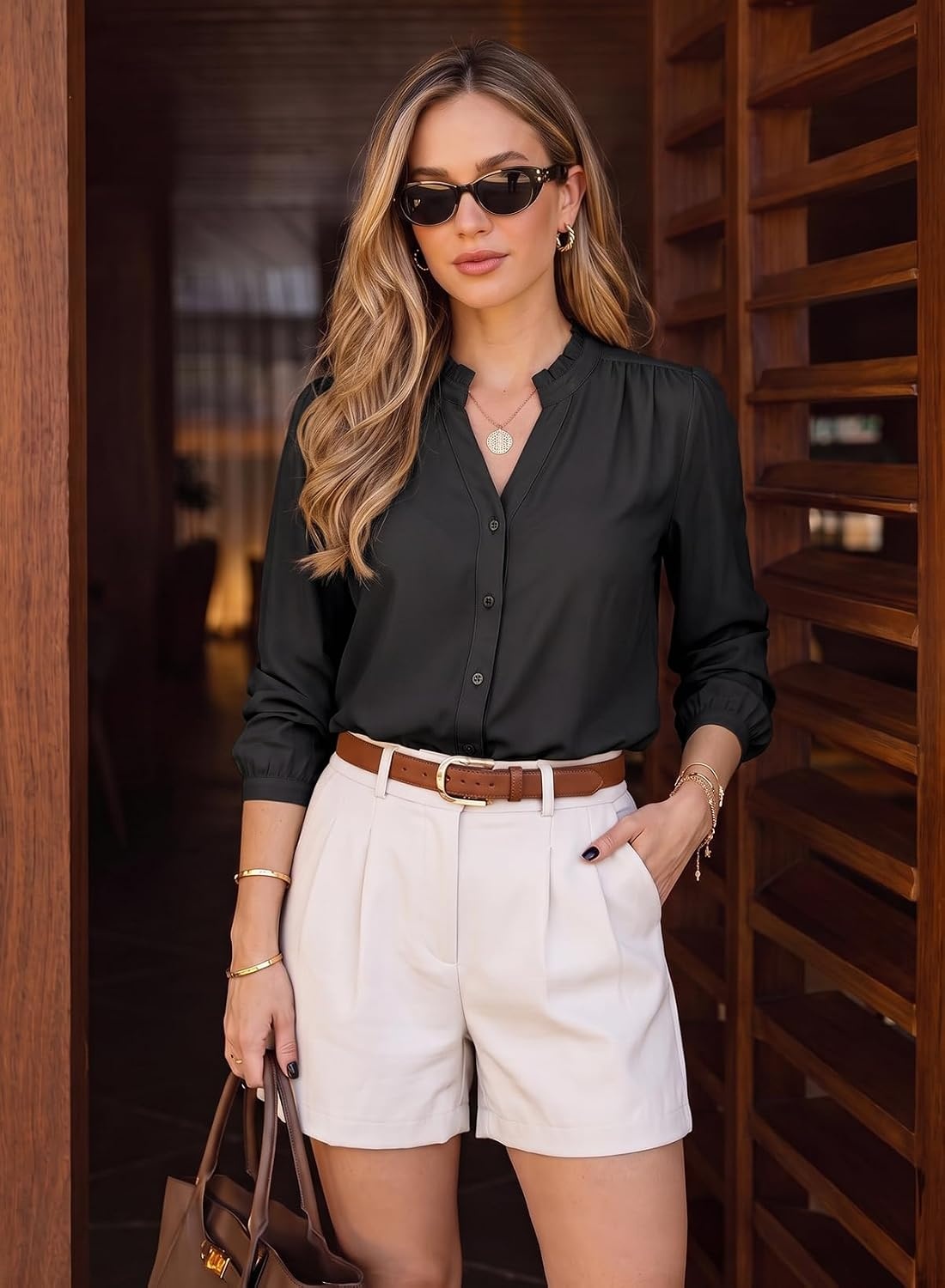 image:imageDokotoo Blouses for Women Dressy Casual V Neck Button Down ShirtsBlack