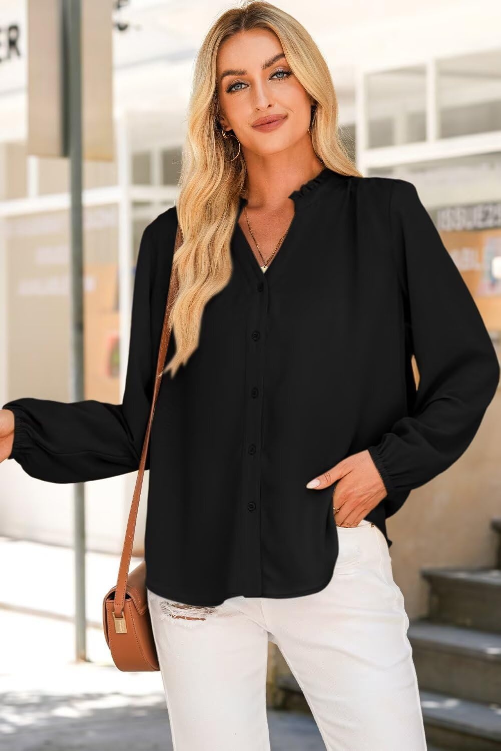 image:imageDokotoo Blouses for Women Dressy Casual V Neck Button Down ShirtsBlack