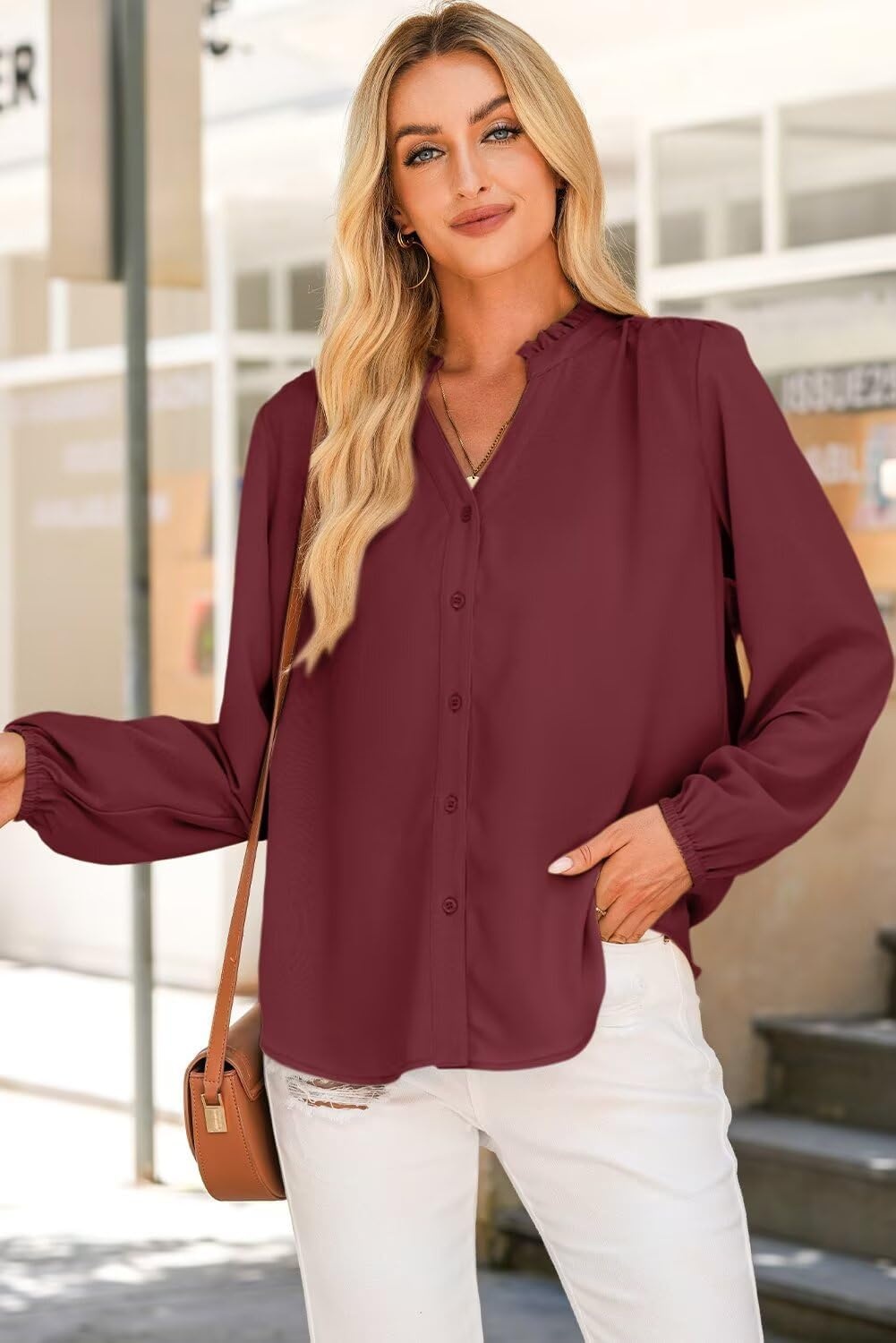 image:imageDokotoo Blouses for Women Dressy Casual V Neck Button Down ShirtsBurgundy