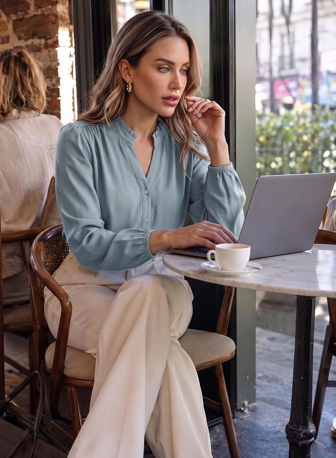 image:imageDokotoo Blouses for Women Dressy Casual V Neck Button Down ShirtsLight Blue