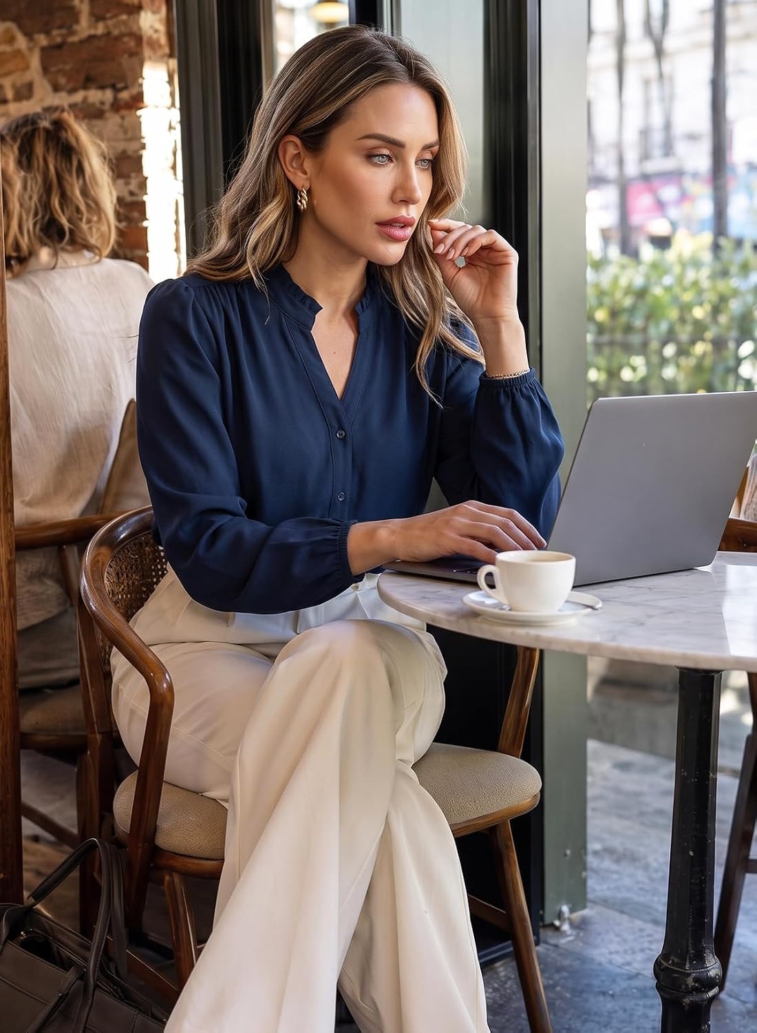 image:imageDokotoo Blouses for Women Dressy Casual V Neck Button Down ShirtsNavy Blue