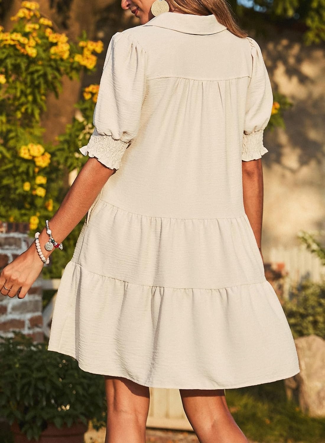 image:imageDokotoo Casual Dresses for Women Lapel Collared V Neck Mid Sleeved Pleated Summer Dresses for Women 2026 Midi DressesBeige