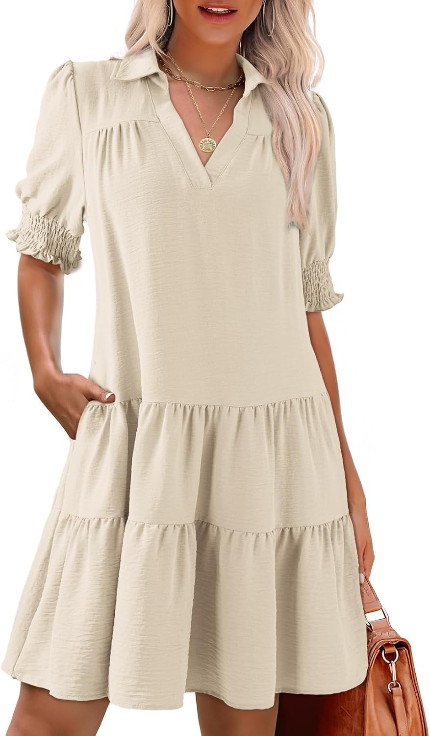 image:imageDokotoo Casual Dresses for Women Lapel Collared V Neck Mid Sleeved Pleated Summer Dresses for Women 2026 Midi DressesBeige