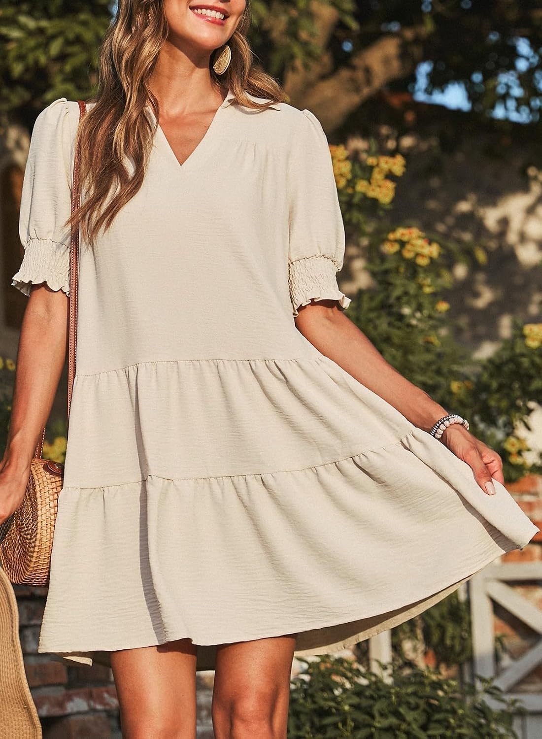 image:imageDokotoo Casual Dresses for Women Lapel Collared V Neck Mid Sleeved Pleated Summer Dresses for Women 2026 Midi DressesBeige