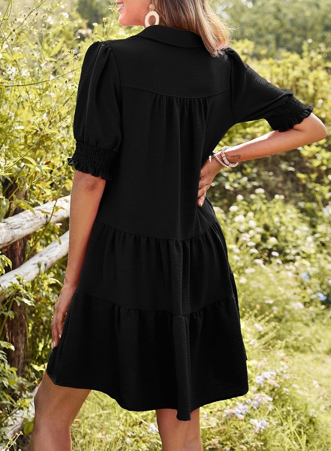 image:imageDokotoo Casual Dresses for Women Lapel Collared V Neck Mid Sleeved Pleated Summer Dresses for Women 2026 Midi DressesBlack