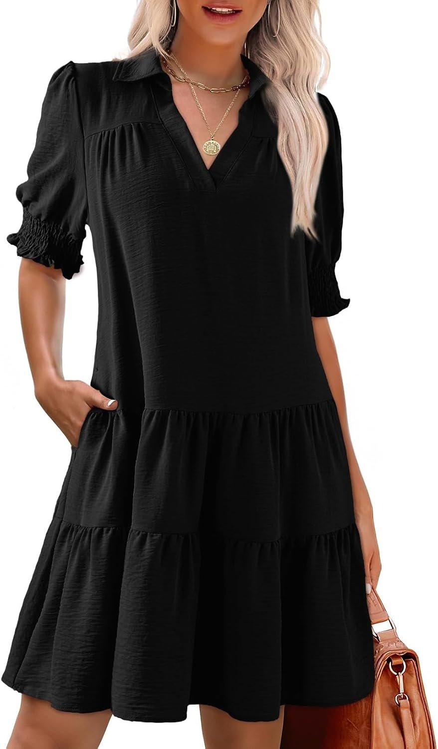 image:imageDokotoo Casual Dresses for Women Lapel Collared V Neck Mid Sleeved Pleated Summer Dresses for Women 2026 Midi DressesBlack