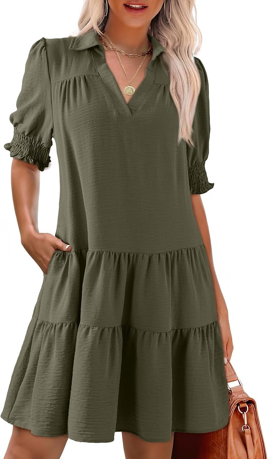 image:imageDokotoo Casual Dresses for Women Lapel Collared V Neck Mid Sleeved Pleated Summer Dresses for Women 2026 Midi DressesDark Green