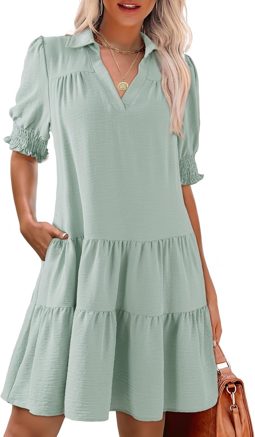 image:imageDokotoo Casual Dresses for Women Lapel Collared V Neck Mid Sleeved Pleated Summer Dresses for Women 2026 Midi DressesLight Green