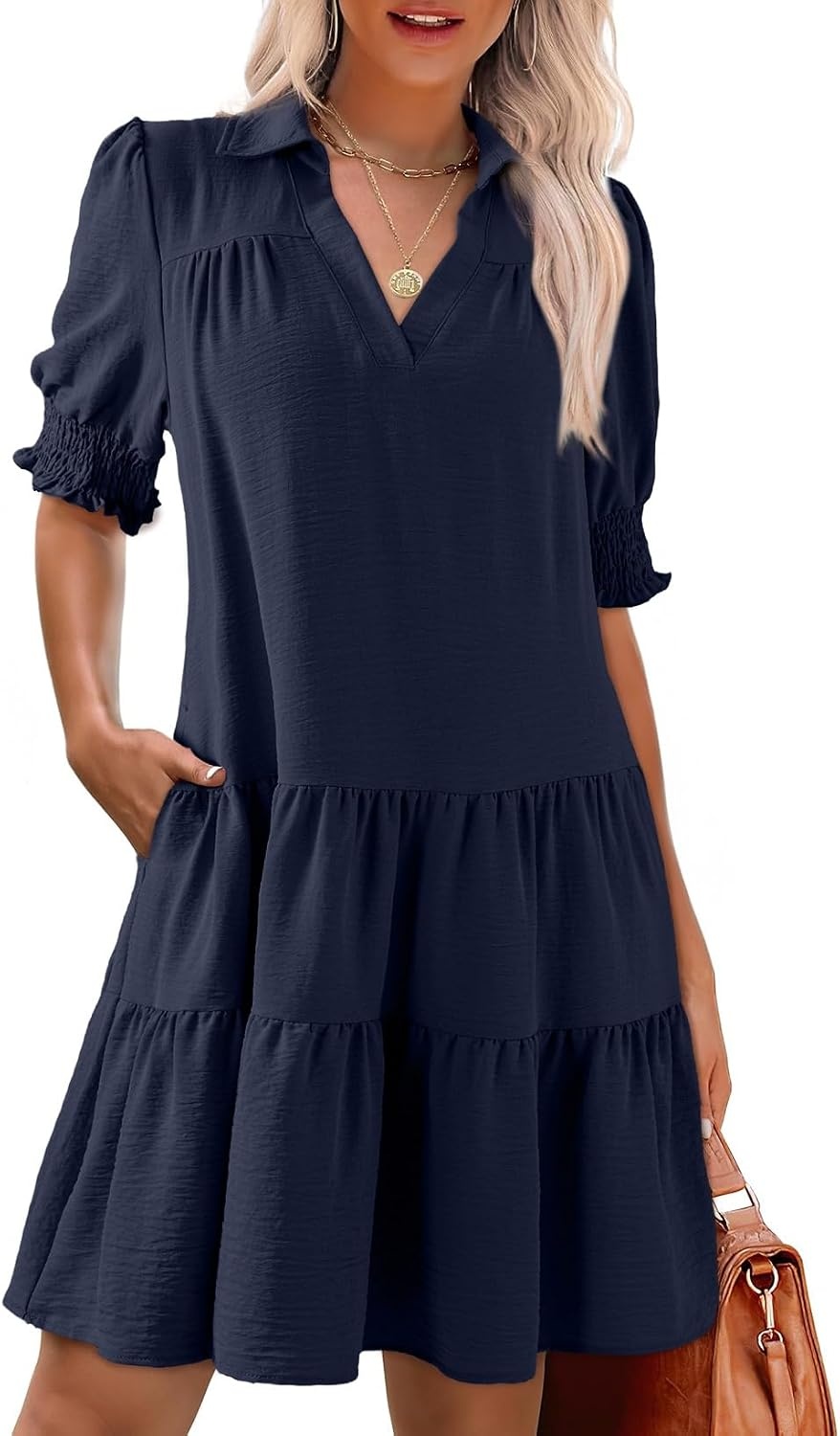 image:imageDokotoo Casual Dresses for Women Lapel Collared V Neck Mid Sleeved Pleated Summer Dresses for Women 2026 Midi DressesNavy Blue
