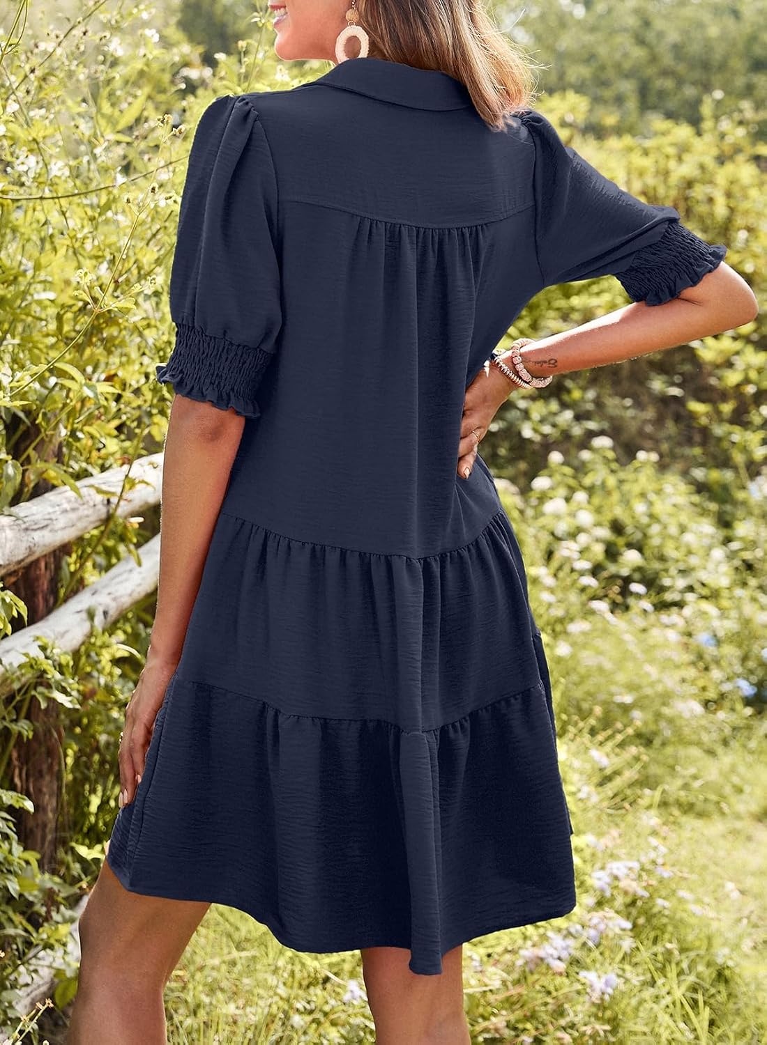 image:imageDokotoo Casual Dresses for Women Lapel Collared V Neck Mid Sleeved Pleated Summer Dresses for Women 2026 Midi DressesNavy Blue