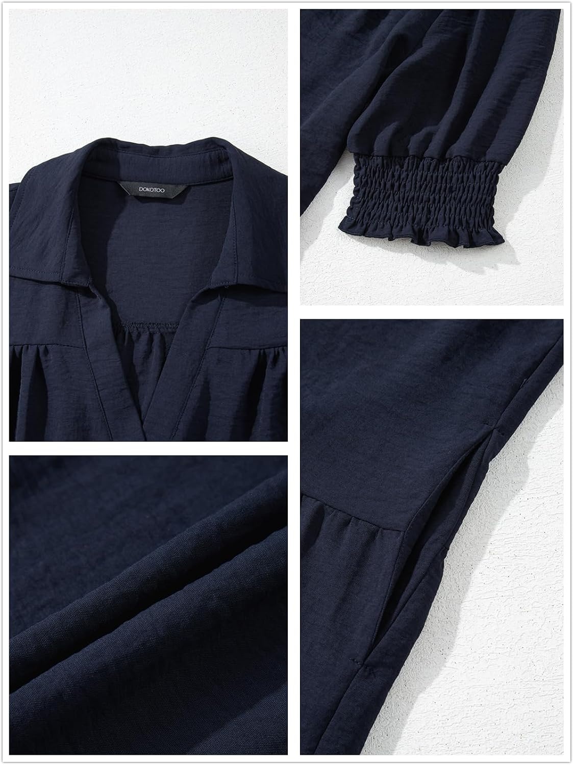 image:imageDokotoo Casual Dresses for Women Lapel Collared V Neck Mid Sleeved Pleated Summer Dresses for Women 2026 Midi DressesNavy Blue